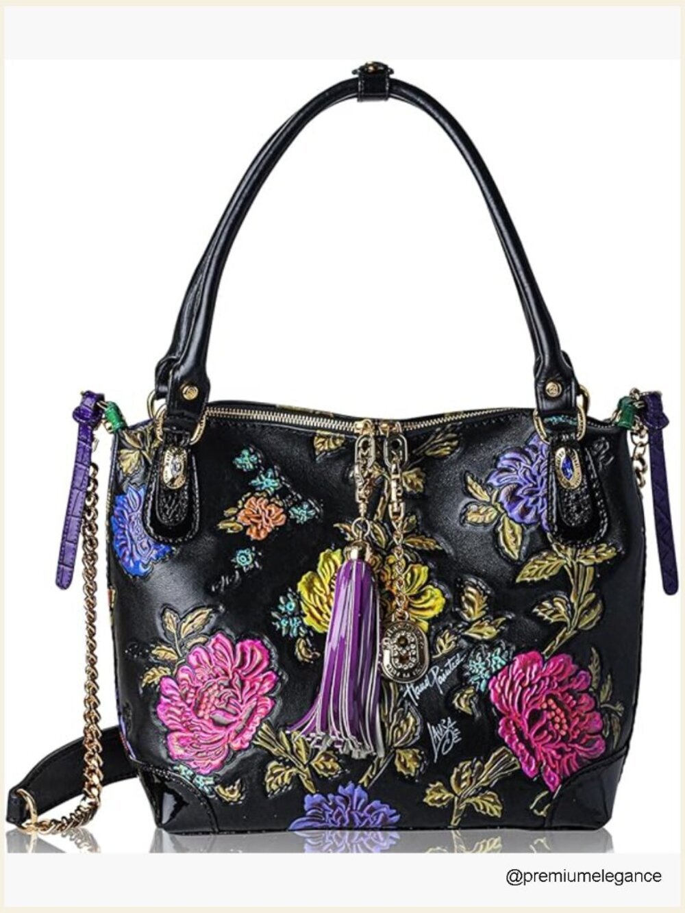 Handpainted Peonies Leather Hobo Tote Satchel Bag